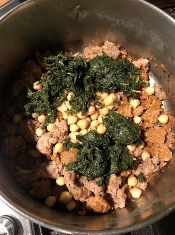 The kale and chickpeas are added after the sausage is cooked. Lisa Orne Hallinan photo