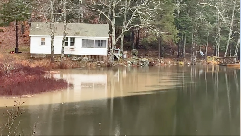 A brown plume of soil from erosion in the watershed turned part of Knickerbocker Lake brown on Saturday. Courtesy of BRWD