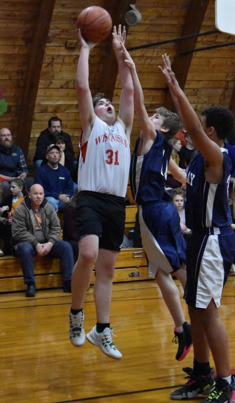 Mason Clark netted six points for Wiscasset Middle in the first half. PHIL DI VECE/Wiscasset Newspaper