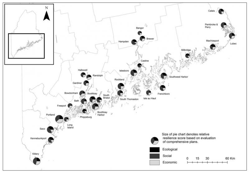 Comprehensive plan analysis scores by municipality, mapped across the social, ecological, and economic domains of resilience. This figure was adapted from Cucuzza et al. 2019, published in the Journal of Environmental Planning and Management.