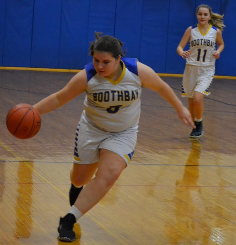 Sophomore Emilie Crocker dribbles up court Jan. 10 in Boothbay’s 48-34 win over Wiscasset. The Lady Seahawks are 8-2 and in second place in Class C South. BILL PEARSON/Boothbay Register