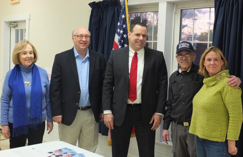 The Boothbay region GOP caucus featured State Sen. Dana Dow, R-Waldoboro, second right, U.S. Congressional candidate Dr. Jay Allen of Bristol, middle, and former state representative Stephanie Hawke of Boothbay Harbor. The candidates discussed political issues with caucus attendees like Dawn Gilbert, far left, and Scott Campbell, second left. BILL PEARSON/Boothbay Register