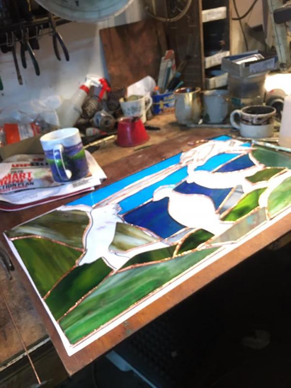 Puffin panel in progress last month. Dick Macdonald, Macdonald Stained Glass. Courtesy of the artist Dick Macdonald, Macdonald Stained Glass