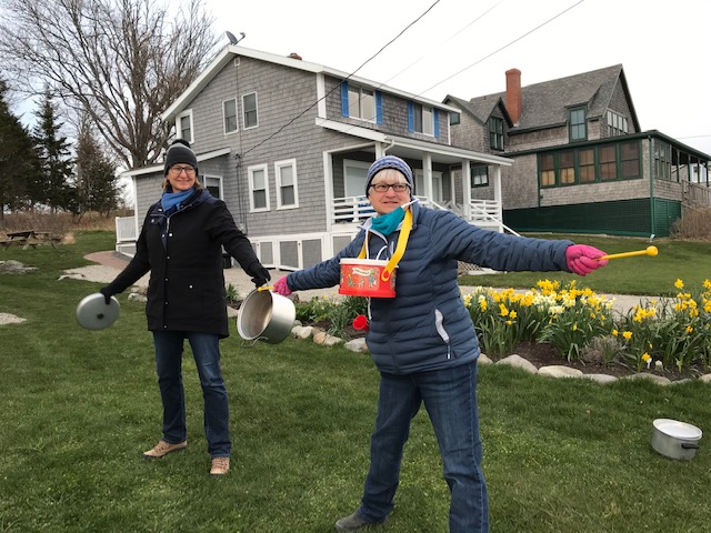 Susan Anderson, left, and Sue Taylor use pots and more to make noise at Ocean Point April 24. Courtesy of Marilyn Heise