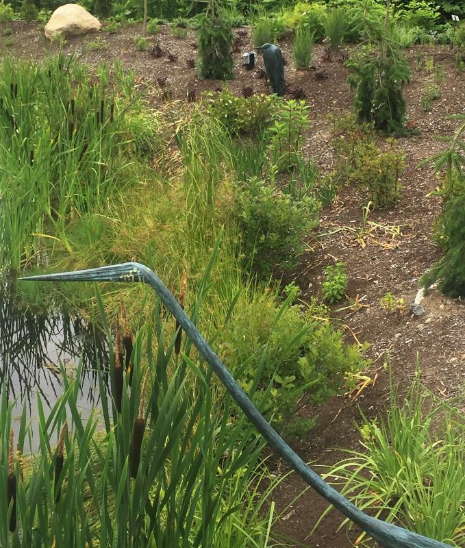 Dan West’s “Big Blue” (foreground) with “Hunkered Heron” behind. Both sculptures are bronze cast from driftwood. LISA KRISTOFF/Boothbay Register Dan West