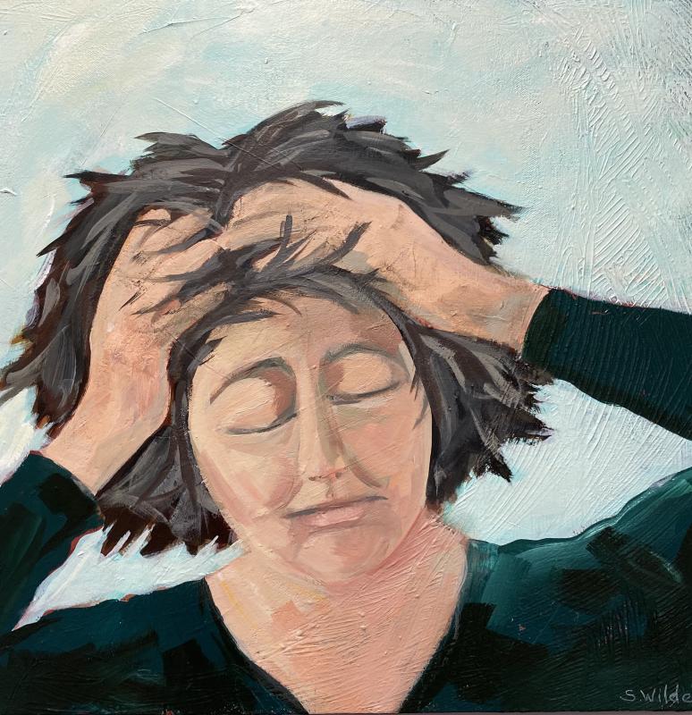 Sarah Wilde’s “Covid Hair,” acrylic painting from her “coronavirus” series, exhibited in Gallery One at BRAF through August. Courtesy of BRAF Sarah Wilde
