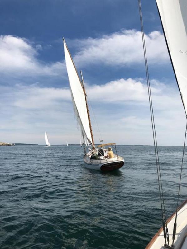 Ross Branch sailing his Friendship sloop, Morning Star, just past the first mark. Courtesy of Jon Dunsford