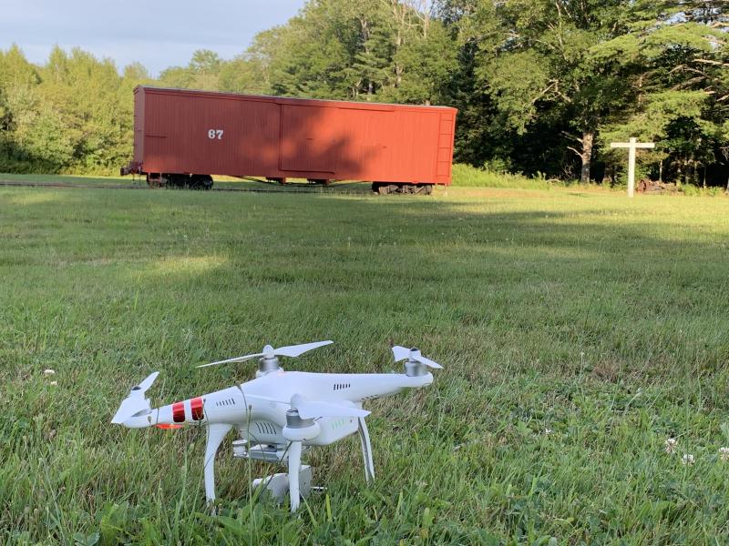 Kenneth Steeves’ drone with a century-plus old freight car in the background. SUSAN JOHNS/Wiscasset Newspaper