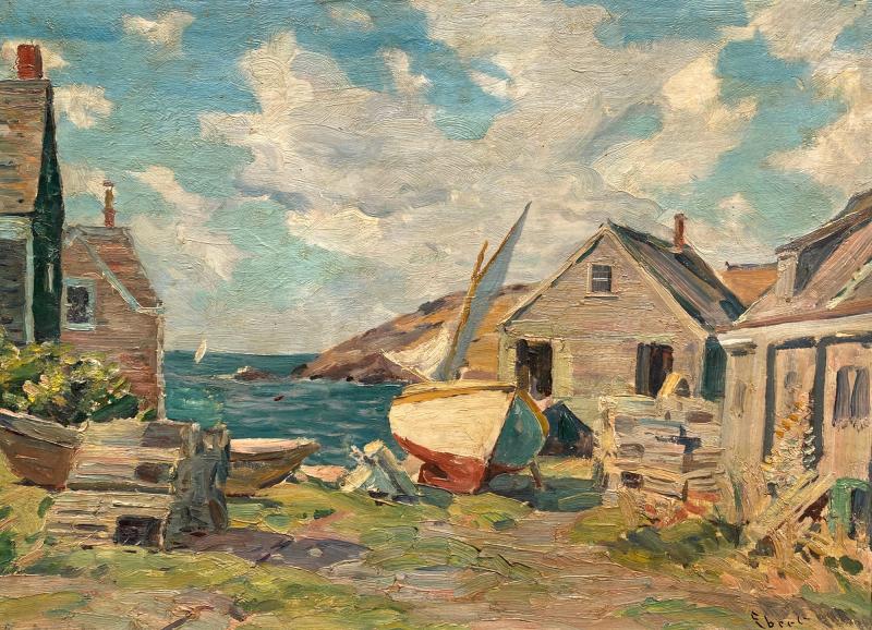 Charles Ebert (American, 1873-1959), “View of Fish Beach, Monhegan” oil on board. This may be viewed in the new exhibition at Wiscasset Bay Gallery opening Aug. 15. Courtesy of the venue Charles Ebert