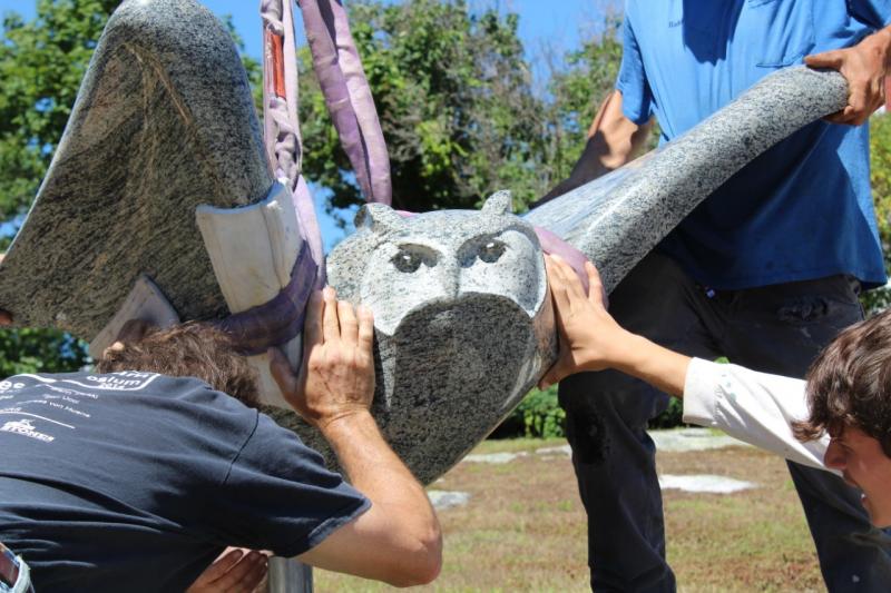 Andreas von Huene’s “Head Wind” lands at its new home on the Brick House lawn on Townsend Avenue. Sophie West photo