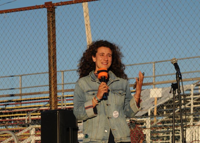 State Rep. Chloe Maxmin of Nobleboro, candidate for State Senate District 13, speaks at the rally. Bob Crink photo