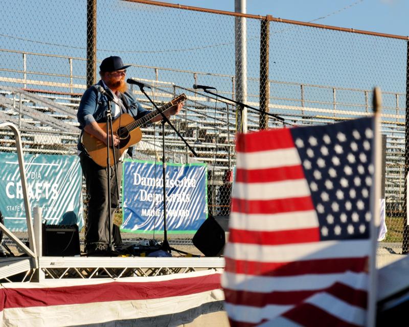 Griffin Sherry of Buxton, founding member of The Ghost of Paul Revere, entertains at the rally. Bob Crink photo