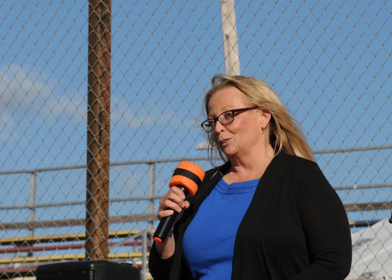 State Rep. Holly Stover of Boothbay, candidate for re-election, HD89, speaks at the rally. Bob Crink photo