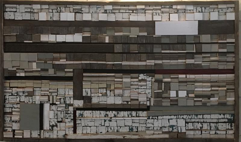 Assemblage artist Joan Mayfield’s “Fog, Docks and Boats” is one of her works in the “Summer’s End” exhibition running through Oct. 12 at Ocean Point Inn. Courtesy of Patricia Royall