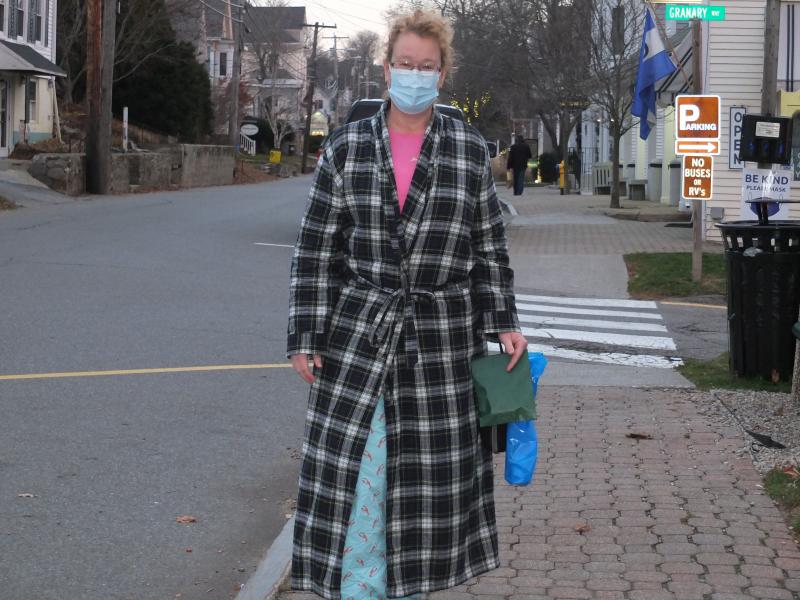 Kim Burnham of Boothbay warms her pajamas every year to shop during the annual Early Bird Shopping event. BILL PEARSON/Boothbay Register