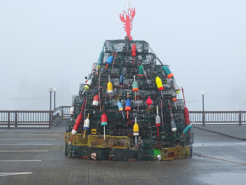 During the day, this lobster trap tree is unlit. The Waterfront Preservation Committee created the tree to honor lobstermen and associated waterfront workers for their role in preserving local heritage and for their contribution to the region’s prosperity. BILL PEARSON/Boothbay Register