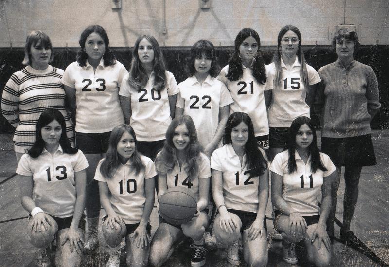 The Seahawk varsity team in 1972-73. Pictured from left are, front row, Laurie Reed, Rhonda Hodgdon, Marcia Andrews, Ann Boyd, Becky Kelley; back row: scorekeeper Wendy Page, Sherri Williams, Anne Thompson, Julie Callahan, Judy Calhoun, Crista Griffin and coach Cheryl Paulson. Boothbay Register file photo