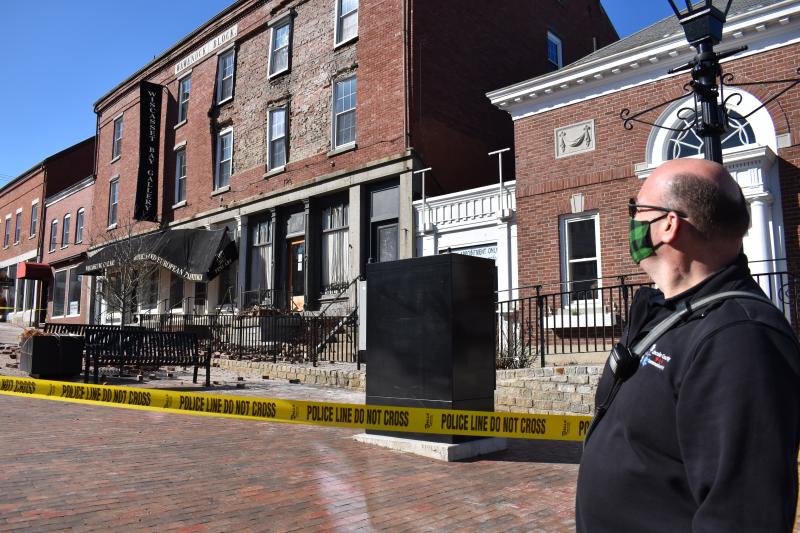 Wiscasset Fire Chief Rob Bickford at the scene after part of the Wawenock building collapsed April 3. PHIL DI VECE/Wiscasset newspaper