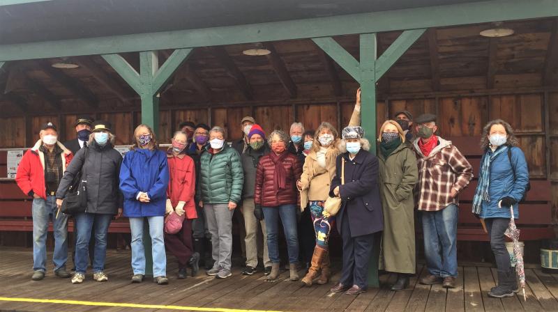 The Tapestry Singers wait for a train at WW&F Railway Museum in Alna and performance time! LISA KRISTOFF/Boothbay Register