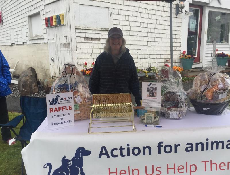 Action for Animals Secretary & Communications Coordinator Faye McNall mans the raffle station at the Farm 23 fundraiser. JOSEPH CHARPENTIER/Boothbay Register
