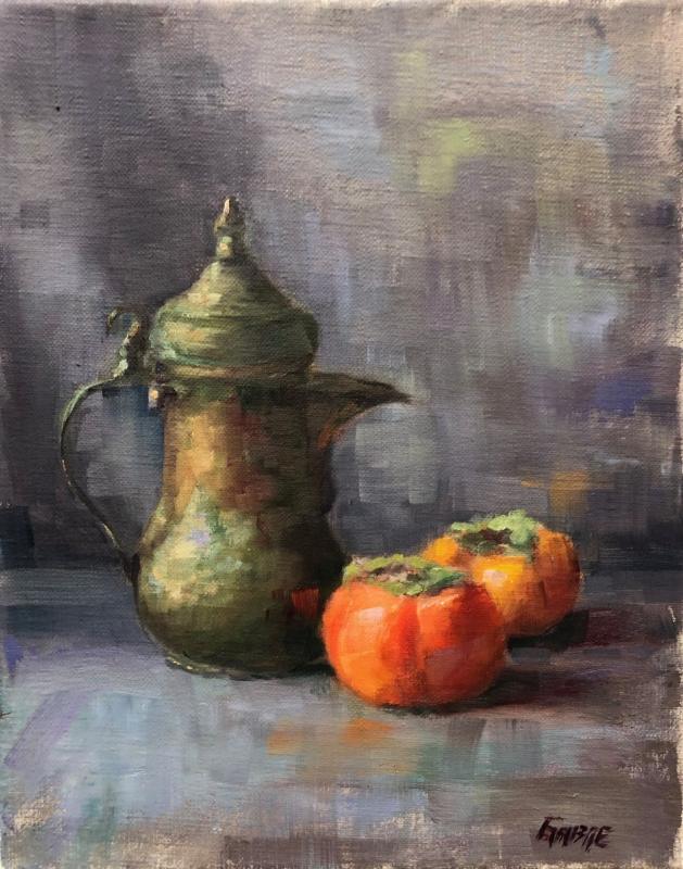 Carolyn Gabbe will teach a class at the Maine Art Gallery in the use of color in painting light and shadow as in this oil painting. “Persimmons and Pot.” Courtesy of Maine Art Gallery Carolyn Gabbe