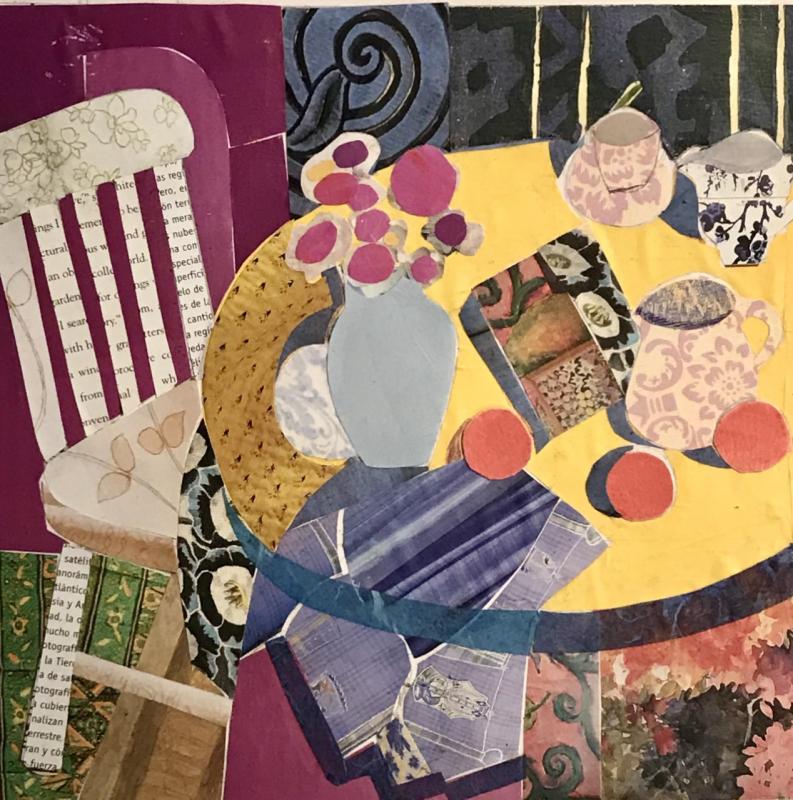 In Adeline Godminc-Tronzo’s workshop in drawing with painting and collage, students will create multi-media images like this still life by Susan Bracaglia Tobey. Courtesy of Maine Art Gallery, Wiscasset Susan Bracaglia Tobey