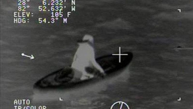 Gulf of Mexico West of Clearwater, FL, April 11, 2016, 10 p.m. local time: An infra-red still image taken from a Coast Guard helicopter video showing a 17-year-old girl being rescued after four hours adrift after she lost her paddle due to a boat wake and became separated from her companions, disoriented and hypothermic. US Coast Guard photo.