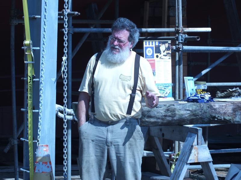 Master Shipwright David Short discusses the Ernestina Morrissey’s rebuild. BILL PEARSON/Boothbay Register