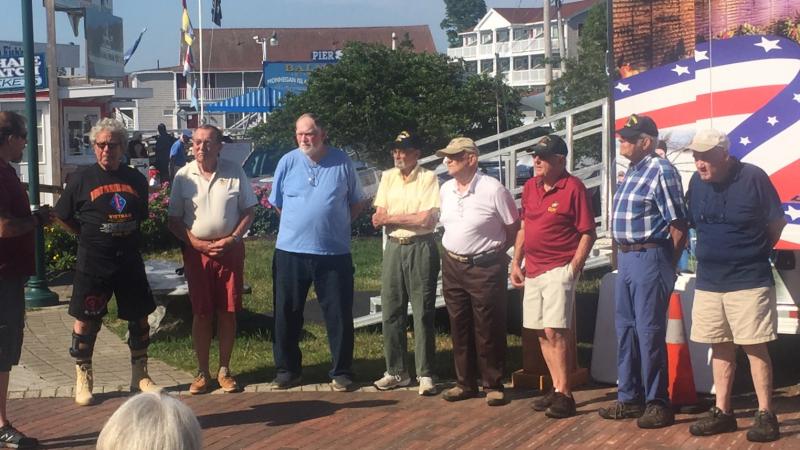 Eight Vietnam-era veterans were honored with a 50th anniversary commemorative pin, challenge coin, a handshake and a “welcome home” by Wreaths Across America staff. From right, Joe Gelarden, Frank Redman, Jim Singer, Mike Fritz, John Lichatz, Ed Harmon, David Patch and Barry Sherman. JOSEPH CHARPENTIER/Boothbay Register
