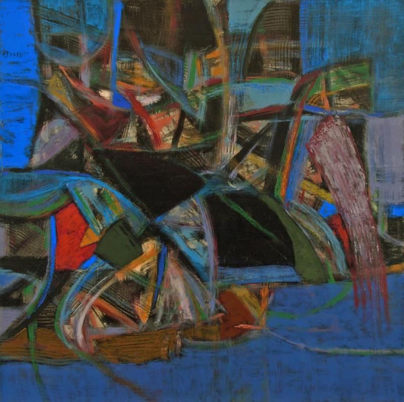 David Estey’s acrylic painting “Inexplicably Blue” is among many new works in a solo show at Studio 53 in Boothbay Harbor. David Estey