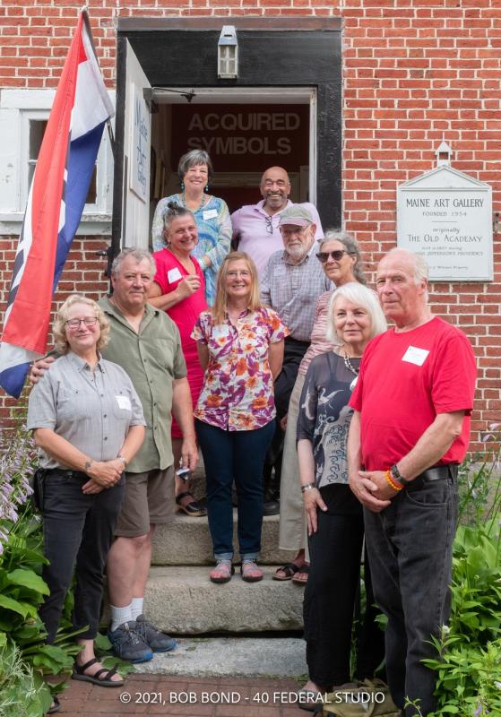 John Lorence and fellow artists at the closing reception, lower left up: Clara Cohan, Patrick Plourde, Sara Cox, Wendy Ross, President MAG Board of Trustees; Middle: Camille Buch Cole; Lower right up: Peter Haller, Ellen Gutekunst, John Lorence, Jorge Pena. Bob Bond photo