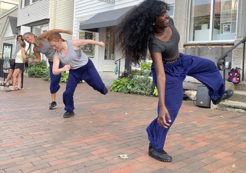 From left, Dance Maineia teacher Melanie Pagurko of Whitefield and students Michaela LaCrosse and Sopna Atkinson-Tatro, both of Damariscotta, dance to hip hop music at Wiscasset Art Walk Aug. 26. SUSAN JOHNS/Wiscasset Newspaper