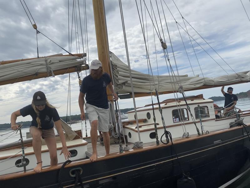 Sidney Anderson prepares to jump from When and If onto the Wiscasset dock to tie up the 1939, Wiscasset-built schooner after it arrives Aug. 19 for Schoonerfest. SUSAN JOHNS/Wiscasset Newspaper