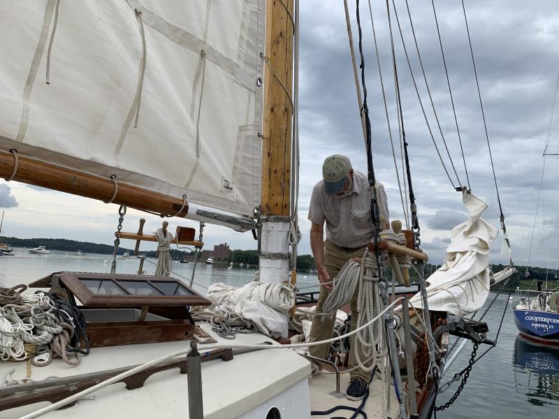 Fred Bowers mans the boat he built over 16 years, the Sycamore. SUSAN JOHNS/Wiscasset Newspaper