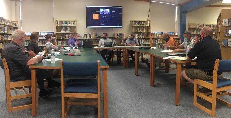 LBPA meets with CSD boards. From left, committee member John Bertolet, Trustee Troy Lewis, committee member Ruth Macy, AOS 98 Superintendent Robert Kahler, LBPA’s Lance Whitehead and John Britton III, Trustee Chair Steve Lorrain, Trustee Kevin Anthony and AOS 98 Director of Facilities Dave Benner. JOSEPH CHARPENTIER/Boothbay Register