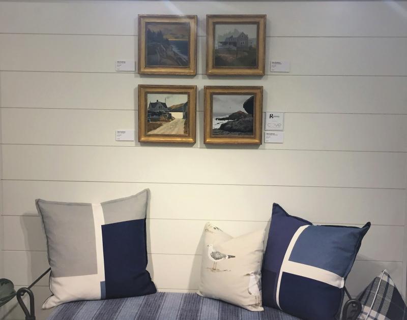 A quartet of Peter Sculthorpe paintings in a sitting area demonstrates how multiple paintings can be displayed together. LISA KRISTOFF/Boothbay Register COVE by Knickerbocker Group