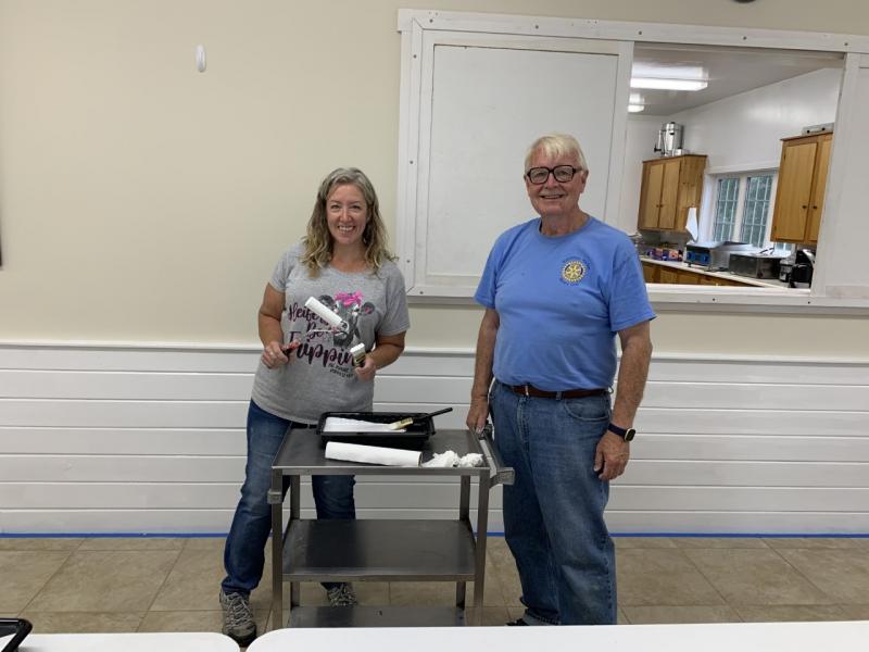 Shawn Lewin and his niece April Smit volunteer Sept. 25 in painting the local legion hall’s interior. BILL PEARSON/Boothbay Register
