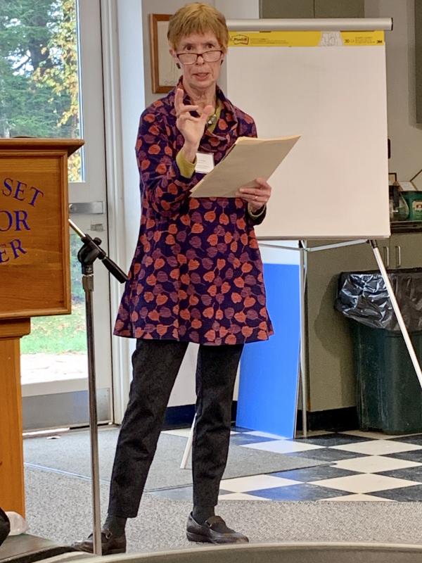 Lucia Droby, addressing the gathering, said she became a champion to memorializing Johnson in Wiscasset after a group from Jacksonville, Florida approached the town. Several speakers praised Droby’s efforts on the project and on town activities over the years. SUSAN JOHNS/Wiscasset Newspaper