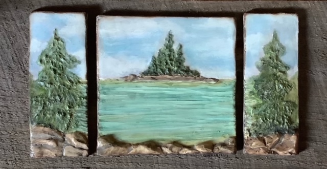 Encaustic triptych by Lonie Laffely Ellis at Damariscotta River Grill. Courtesy of Kim Skillins Traina Lonie Laffely Ellis