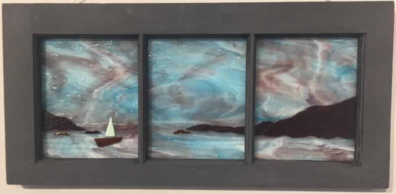 “Come Sail Away,” Mary Gardner, stained glass and acrylic paint. Mary Gardner