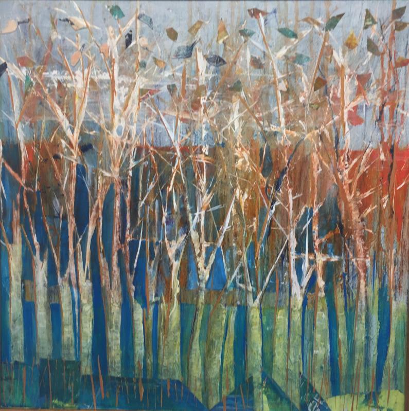 “Woodland,” a mixed media by Carol Wiley. Carol Wiley