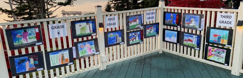 Paintings by Boothbay Region Elementary School and Southport Central School students were displayed at Spruce Point Inn. The Keepers of Burnt Island Light awarded first, second and third place ribbons to art in each grade. Courtesy of Elaine Jones