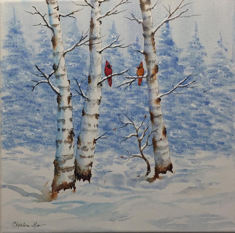 “Winter Birches (with 2 Cardinals)” by Charlene Lee.