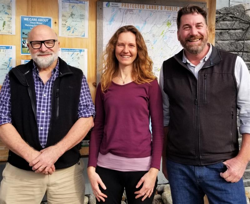 Pictured are Luther Black, Midcoast Conservancy Land Protection Specialist Anna Fiedler, and Executive Director Pete Nichols; Black gifted the Goose River Woodland Preserve in honor of his family. Courtesy of Midcoast Conservancy