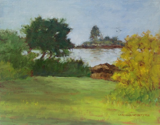 Corinne McIntyre’s “A Heavenly Day,” one of her new paintings created using a new technique. Courtesy of the artist