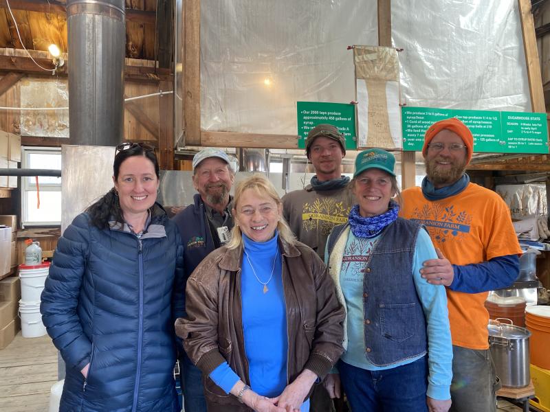Gov. Janet Mills, Agriculture Commissioner Amanda Beal, and Goranson Farm owners Jan Goranson and Rob Johanson and their sons at the Dresden farm March 27. Courtesy photo