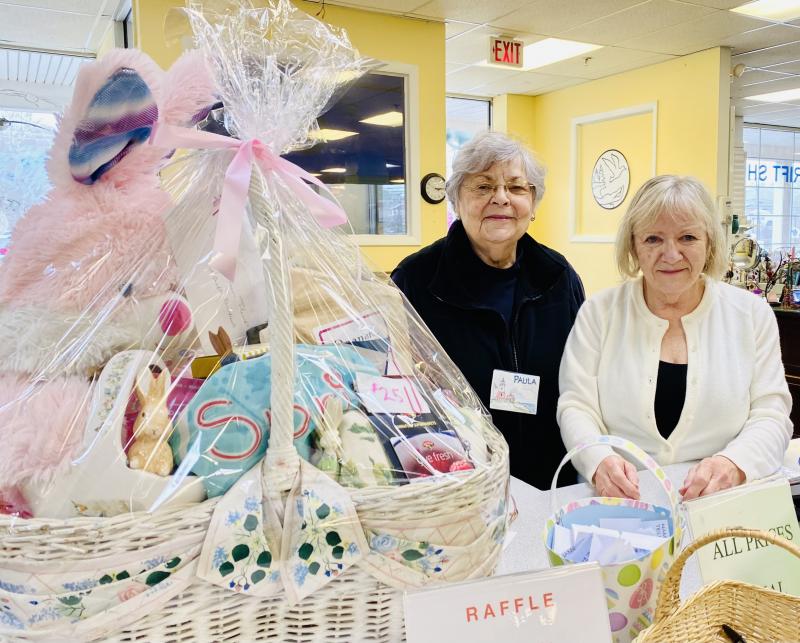 Volunteers Paula Endicott and Brenda Donovan tend to the Easter Raffle at Thrift Shop. Courtesy of St. Andrews Auxiliary