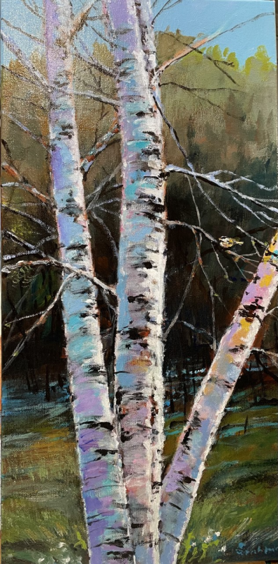 Sandra Crabtree’s “Spring Chickadee” in acrylics. See more of her work at the Grill now through June 27. Courtesy of the venue Sandra Crabtree