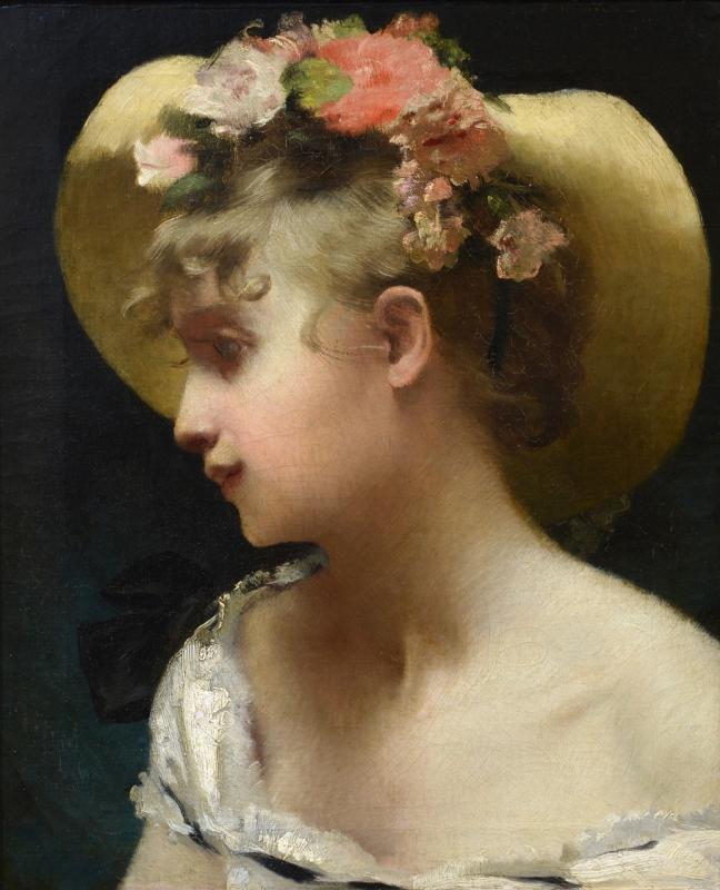 Adolphe Piot (French, 1831-1910), “Young Woman with a Flowered Hat,” oil on canvas, 18 3/4" x 15 3/8." Courtesy of the venue Adolphe Piot