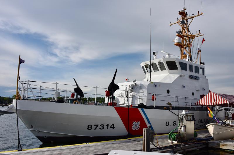 Coast Guard Cutter Finback (WPB 87314), based in Portland, refuels at Carousel Marina, Boothbay Harbor in late June. Bob Crink photo